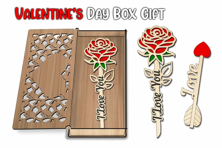 Caja de regalo para el día de San Valentín con flecha de amor y rosas románticas