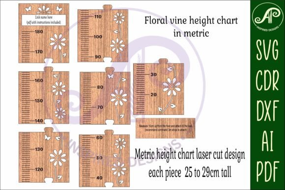 Tabla de altura para niños con diseño de flores de vid en unidades métricas - Imagen 3