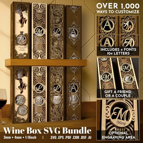 Paquete de caja de regalo de madera con monograma para botella de vino
