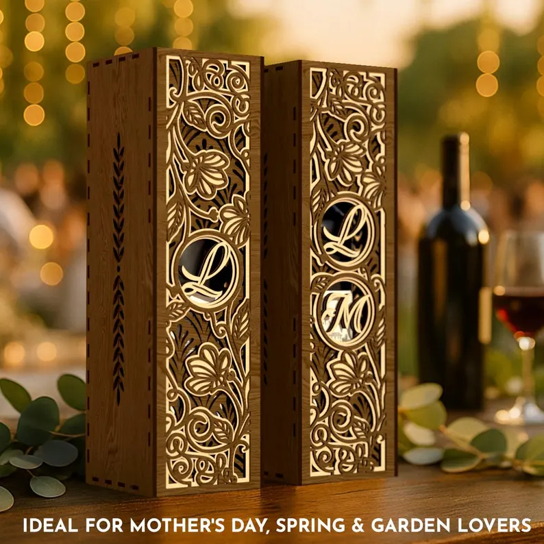 Paquete de caja de regalo de madera con monograma para botella de vino - Imagen 5