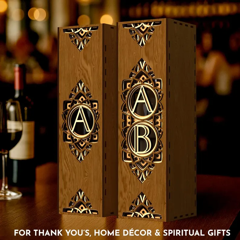 Paquete de caja de regalo de madera con monograma para botella de vino - Imagen 6