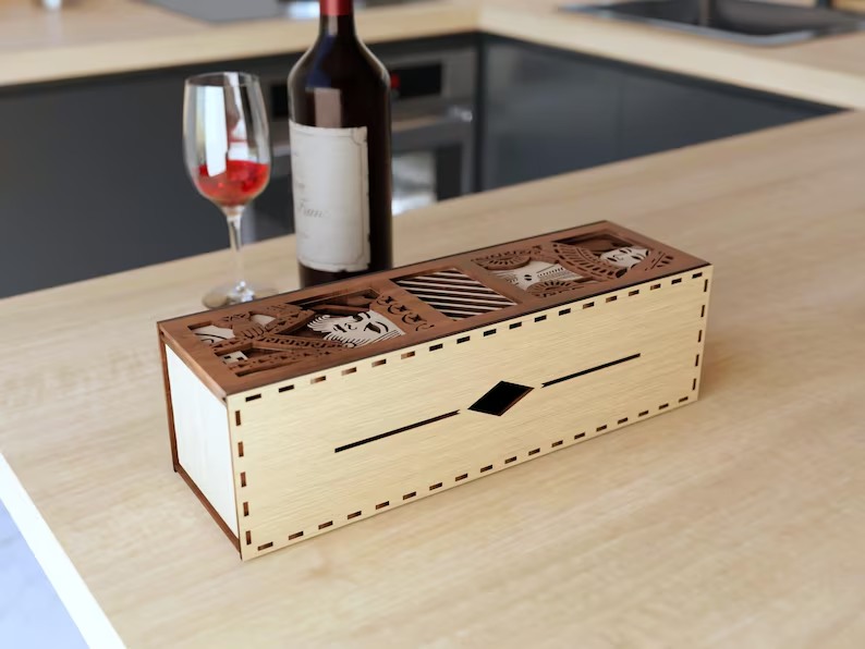 Caja de regalo de madera para botella de vino - Tema de naipes - Imagen 4