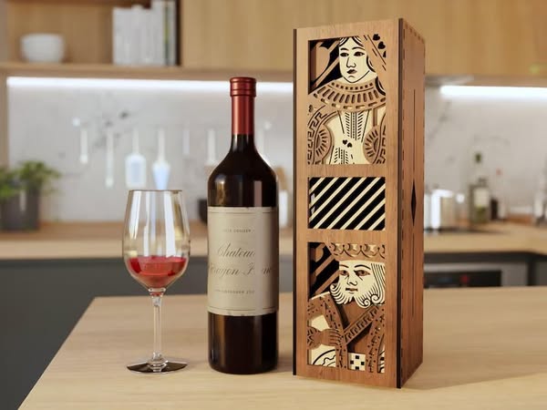 Caja de regalo de madera para botella de vino – Tema de naipes