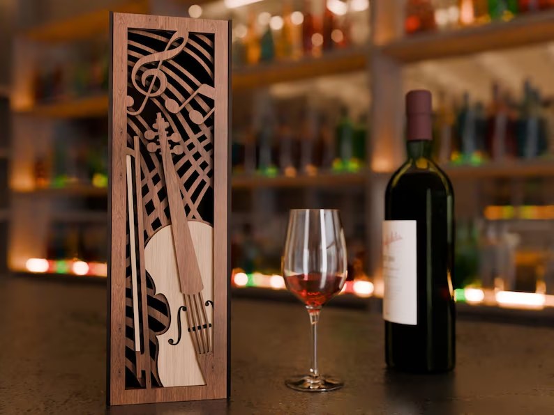 Caja de regalo de madera para botella de vino – Tema de violín