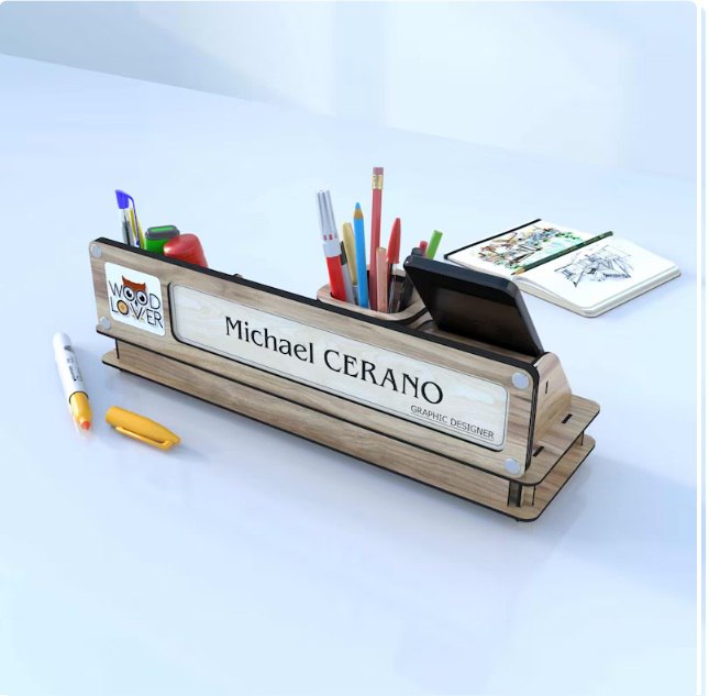 Organizador de escritorio personalizable con placa para nombre