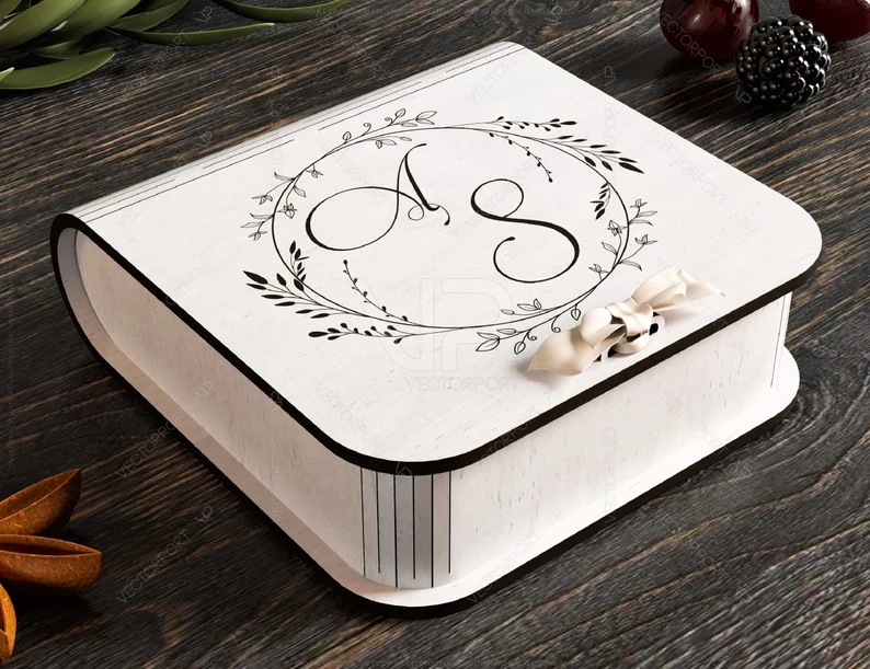 Caja de regalo de madera con forma de libro y cerradura