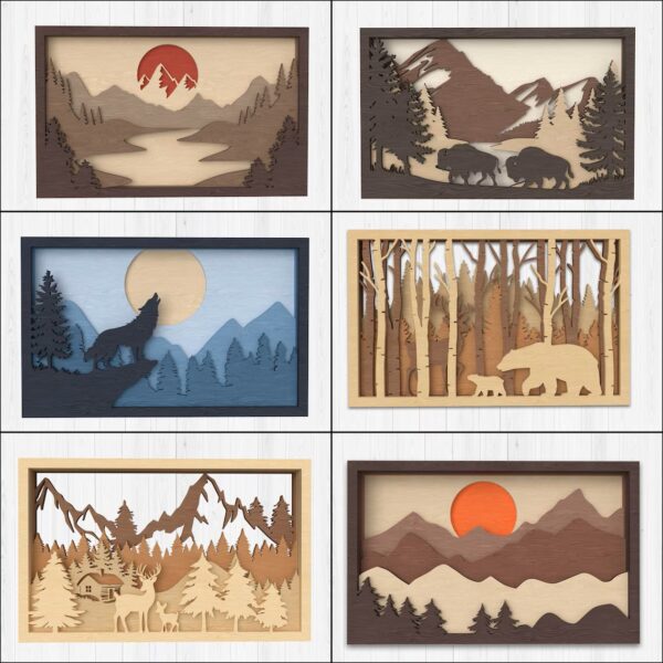 Cuadros en capa 8 diseños de bosques montañas multicapa