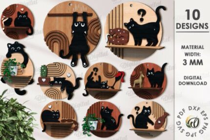Paquete de letreros redondos de gatos traviesos en el estante