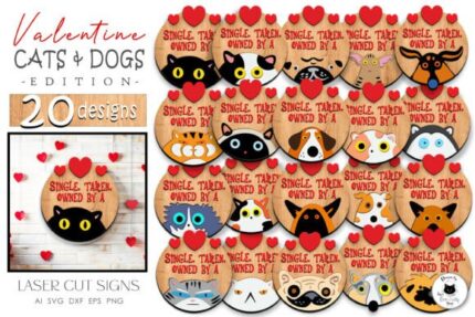 Paquete de letreros redondos de San Valentín con gatos y perros