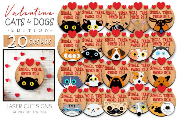 Paquete de letreros redondos de San Valentín con gatos y perros