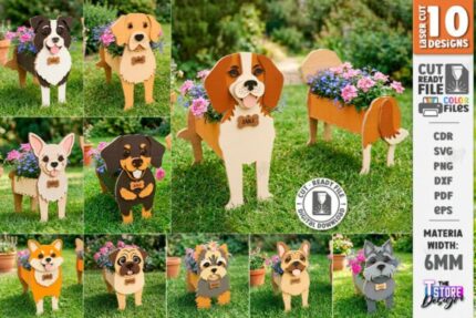Paquete de maceteros de madera con diseños de razas de perros