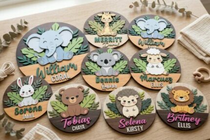Letrero con nombre de bebé con animales de safari