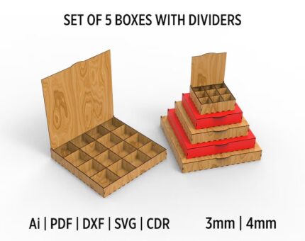 Conjunto de 5 cajas con tapa abatible y divisores