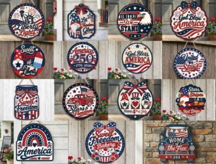 Juego de letreros para puerta con temática estadounidense del 4 de julio