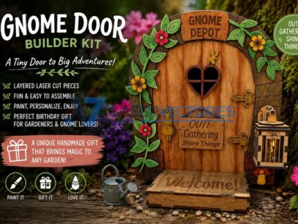 Puerta de madera para gnomos en miniatura con detalles florales y linterna para decorar