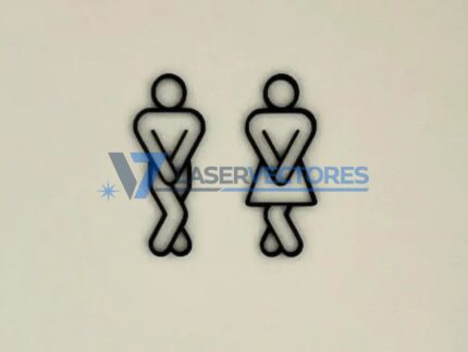 Cartel de baño con figuras masculinas y femeninas cruzándose de piernas