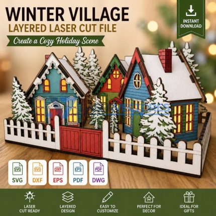 Pueblo Invernal Navideño 3D con Casas y Pinos en Capas
