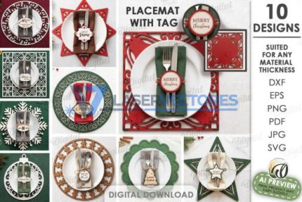 Juego de manteles individuales navideños con etiqueta