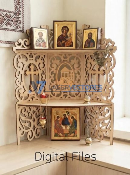 Esquinero Religioso para Iconos con Estantes y Paneles Ornamentales – Diseño Vectorial