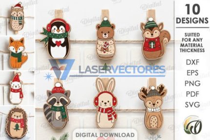 Paquete de pinzas de ropa con forma de animales navideños