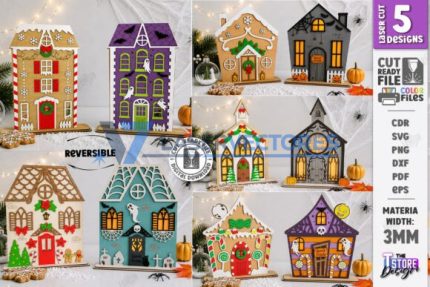 Juego de casa reversible para Halloween y Navidad